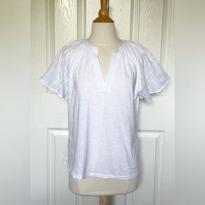 LOFT White T Shirt Blouse with Split Neck, Pleated Flutter Sleeves, Size Medium